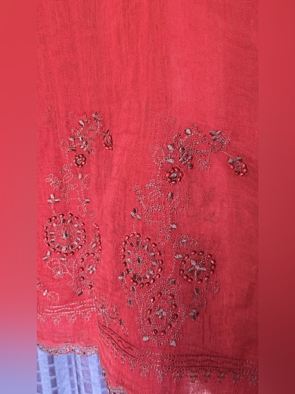 Coldwater Creek Red Linen Cotton Embroidered Beaded Scarf Wrap 77” x 23”